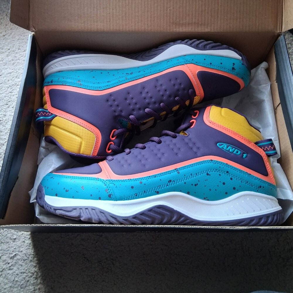Men's AND1 Pulse 2.0 TPR AD90200MUZ Purple Yellow Blue Mid Top Sneakers Sz 11